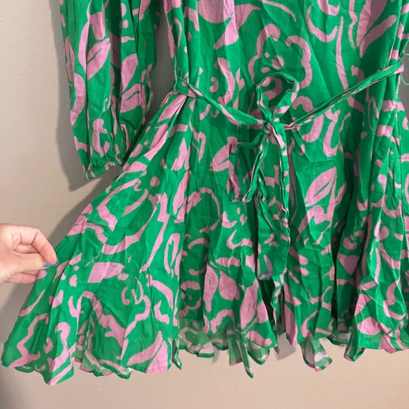 $325 VELVET Kiki‎ Printed Cotton Dress green pink RHODE Ella swing belted mini - Picture 7 of 9
